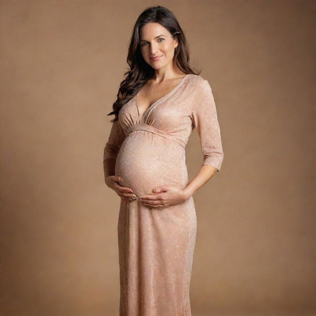 A glowing pregnant woman gracefully standing in a stylish flare dress with a warm backdrop.