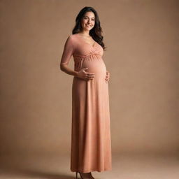 A glowing pregnant woman gracefully standing in a stylish flare dress with a warm backdrop.