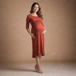 A glowing pregnant woman gracefully standing in a stylish flare dress with a warm backdrop.