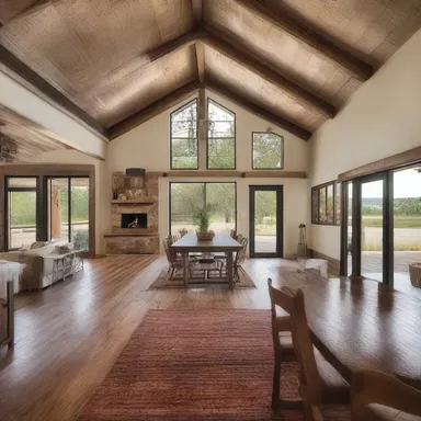 The ranch-style house featured a large open floor plan and rustic elements.