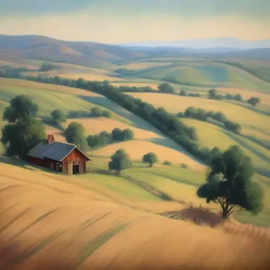 The painting depicted a beautiful landscape with rolling hills and a ranch in the distance.