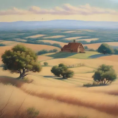 The painting depicted a beautiful landscape with rolling hills and a ranch in the distance.