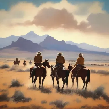 The artist painted a beautiful landscape depicting a group of cowboys ranching on the plains.