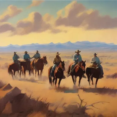 The artist painted a beautiful landscape depicting a group of cowboys ranching on the plains.