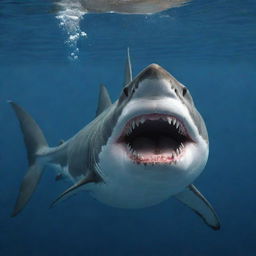 A majestic shark underwater elegantly holding a classic pipe cigarette in its mouth.