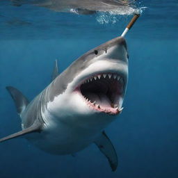 A majestic shark underwater elegantly holding a classic pipe cigarette in its mouth.