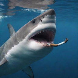 A majestic shark underwater elegantly holding a classic pipe cigarette in its mouth.