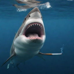 A majestic shark underwater elegantly holding a classic pipe cigarette in its mouth.