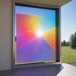 Render an image of a luminescent solar concentrator incorporated as a glass window, illuminating vibrant colors and casting spectacular shades of light.