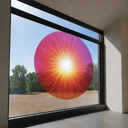 Render an image of a luminescent solar concentrator incorporated as a glass window, illuminating vibrant colors and casting spectacular shades of light.