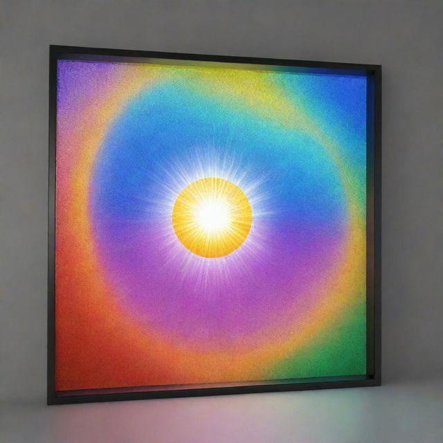 Render an image of a luminescent solar concentrator incorporated as a glass window, illuminating vibrant colors and casting spectacular shades of light.