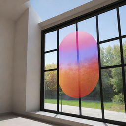 Render an image of a luminescent solar concentrator incorporated as a glass window, illuminating vibrant colors and casting spectacular shades of light.