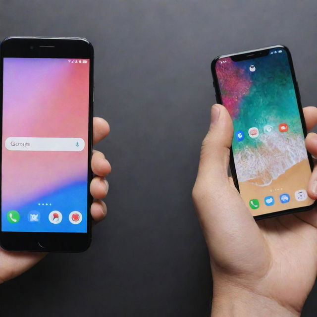 Design a vibrant YouTube video thumbnail featuring a side by side comparison of an Android phone and an iPhone. The title 'Android Phone VS iPhone' should be prominently displayed.