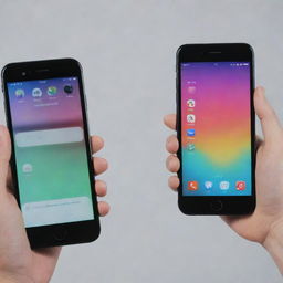 Design a vibrant YouTube video thumbnail featuring a side by side comparison of an Android phone and an iPhone. The title 'Android Phone VS iPhone' should be prominently displayed.