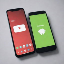 Design a vibrant YouTube video thumbnail featuring a side by side comparison of an Android phone and an iPhone. The title 'Android Phone VS iPhone' should be prominently displayed.