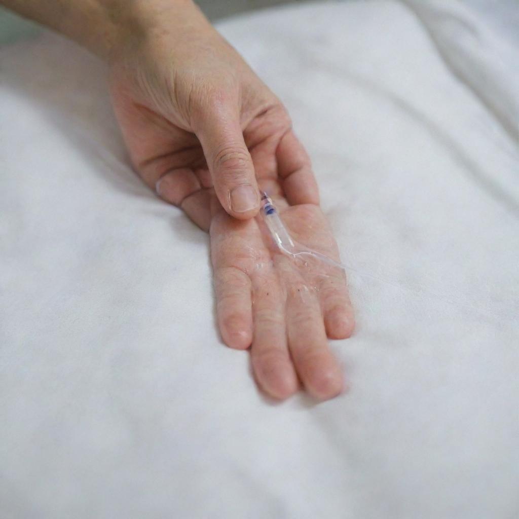 A close-up view of a hand with a medical IV drip infused into it, showing clear tubing leading to a catheter. The patient's hand is relaxed, resting on a clean, white, hospital-grade blanket.