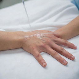 A close-up view of a hand with a medical IV drip infused into it, showing clear tubing leading to a catheter. The patient's hand is relaxed, resting on a clean, white, hospital-grade blanket.