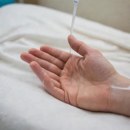 A close-up view of a hand with a medical IV drip infused into it, showing clear tubing leading to a catheter. The patient's hand is relaxed, resting on a clean, white, hospital-grade blanket.