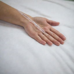 A close-up view of a hand with a medical IV drip infused into it, showing clear tubing leading to a catheter. The patient's hand is relaxed, resting on a clean, white, hospital-grade blanket.