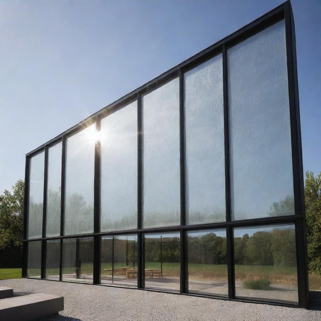 Create an image of a luminescent solar concentrator designed as photovoltaic transparent windows, capturing the interplay of light as it passes through the specialized glass.