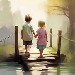 An endearing digital art depicting a little boy and a little girl, hand in hand, crossing a wooden bridge