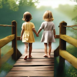 An endearing digital art depicting a little boy and a little girl, hand in hand, crossing a wooden bridge