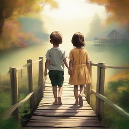 An endearing digital art depicting a little boy and a little girl, hand in hand, crossing a wooden bridge