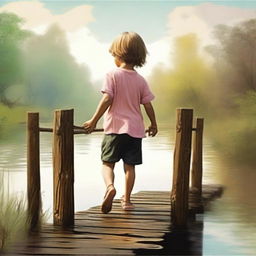 An endearing digital art depicting a little boy and a little girl, hand in hand, crossing a wooden bridge