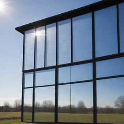 Create an image of a luminescent solar concentrator designed as photovoltaic transparent windows, capturing the interplay of light as it passes through the specialized glass.