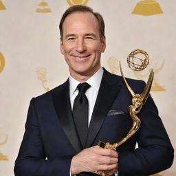 Bob Odenkirk, the renowned actor, smiling and holding an Emmy award in a glamorous setting