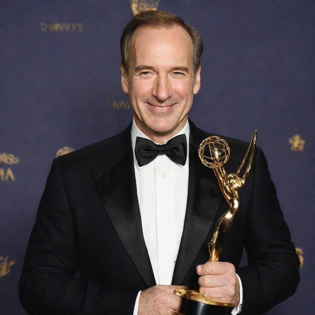 Bob Odenkirk, the renowned actor, smiling and holding an Emmy award in a glamorous setting