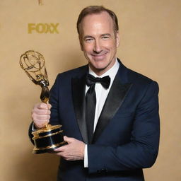 Bob Odenkirk, the renowned actor, smiling and holding an Emmy award in a glamorous setting