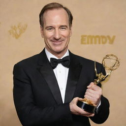 Bob Odenkirk, the renowned actor, smiling and holding an Emmy award in a glamorous setting