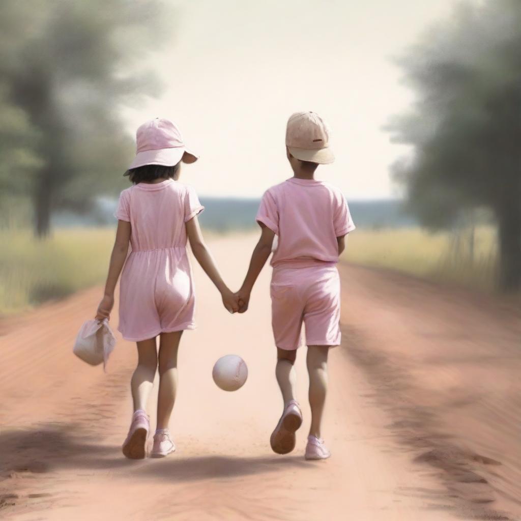 This is a high-quality digital art image depicting a young girl in a pink dress and a boy in shorts and a baseball cap