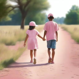 This is a high-quality digital art image depicting a young girl in a pink dress and a boy in shorts and a baseball cap