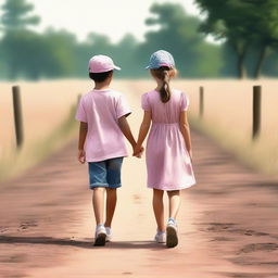 This is a high-quality digital art image depicting a young girl in a pink dress and a boy in shorts and a baseball cap