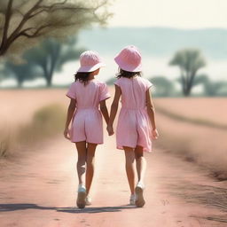 This is a high-quality digital art image depicting a young girl in a pink dress and a boy in shorts and a baseball cap