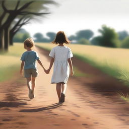 This is a high-quality digital art image featuring a little girl in a dress and a boy in shorts