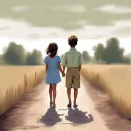 This is a high-quality digital art image featuring a little girl in a dress and a boy in shorts