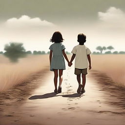 This is a high-quality digital art image featuring a little girl in a dress and a boy in shorts