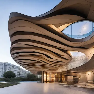The curves and flowing lines of the butterfly stroke are incorporated into the design of the modern building, giving it an elegant and dynamic appearance.