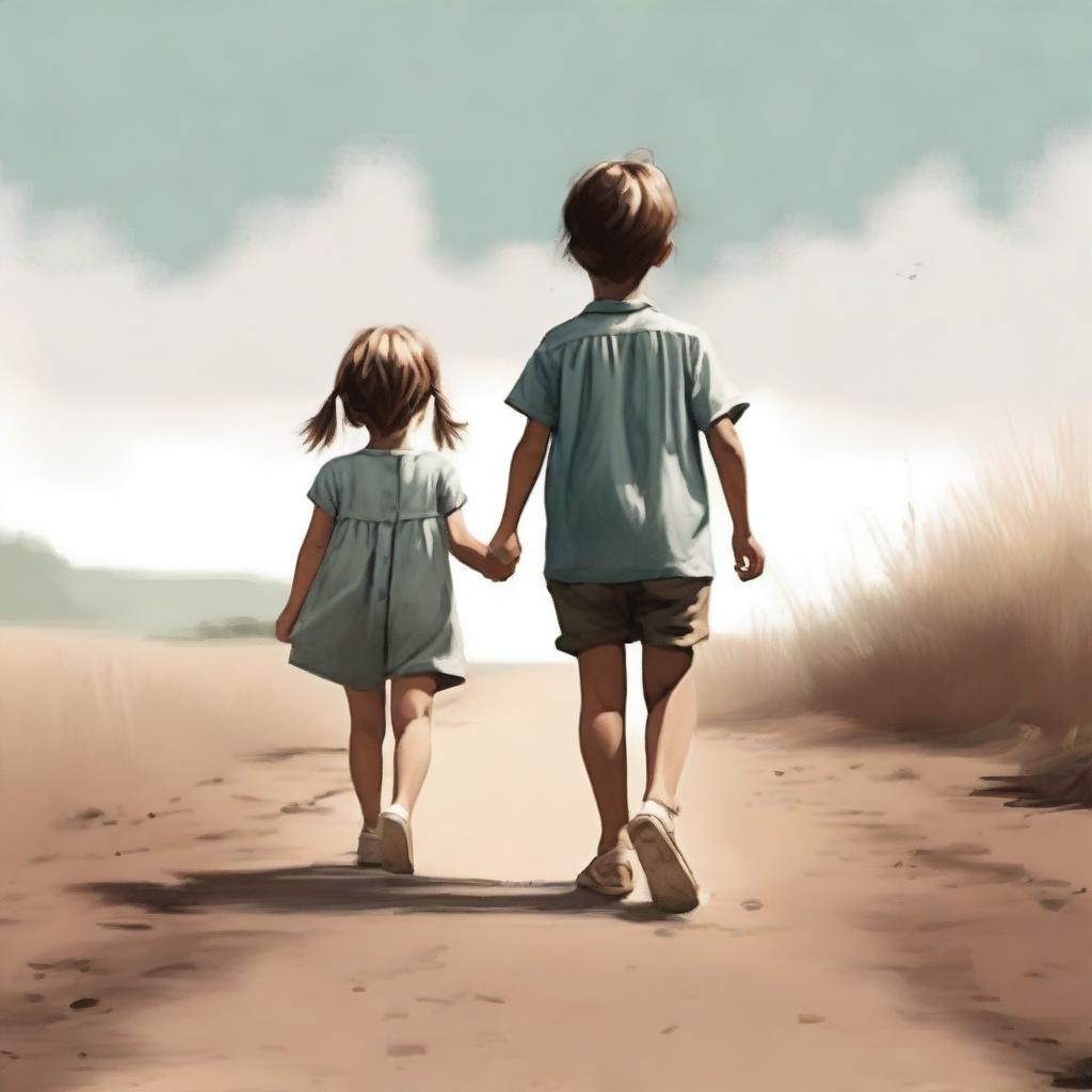 This is a high-quality digital art image, representing a little girl in a dress and a boy in shorts