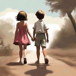 This is a high-quality digital art image, representing a little girl in a dress and a boy in shorts