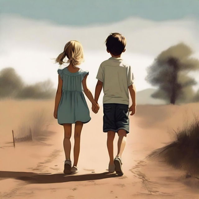 This is a high-quality digital art image, representing a little girl in a dress and a boy in shorts