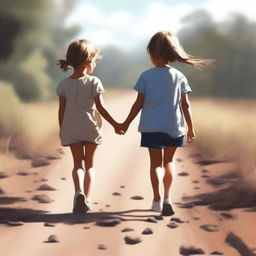 This is a high-quality digital art image, representing a little girl in a dress and a boy in shorts