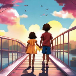 This is a top-quality digital art image, featuring a little girl in a dress and a boy in shorts