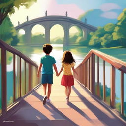 This is a top-quality digital art image, featuring a little girl in a dress and a boy in shorts