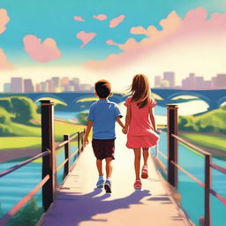 This is a top-quality digital art image, featuring a little girl in a dress and a boy in shorts