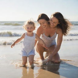 A mother and her daughter joyfully spending time together on a sunlit beach, playing in the sand and splashing in the waves.