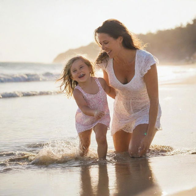 A mother and her daughter joyfully spending time together on a sunlit beach, playing in the sand and splashing in the waves.